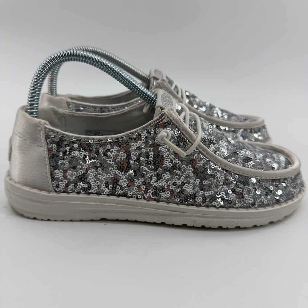 Hey Dude Wendy Sequin Cream Silver Sparkle Loafers Womens 7